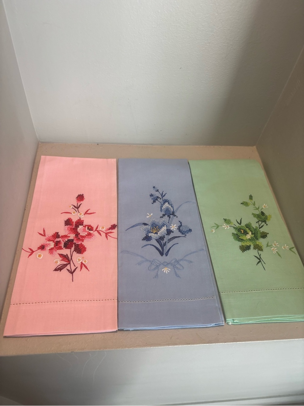 3 Floral Embroidered Linen kitchen bath napkin vintage blue pink  pastel hand